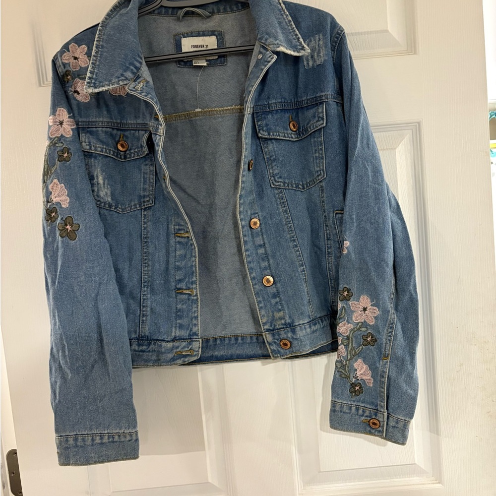 Forever 21 Blue Jean Jacket with Pink Floral Embroidery